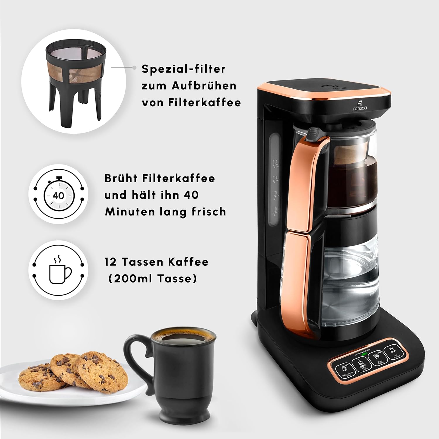 KARACA Çaysever Robotea Pro 4 in 1 Sprechender Automatischer Glas Teekocher, 2500W, 2,3L Kapazität, Frischeanzeige, Babynahrungswasserfunktion, Tee & Kaffee Zubereitung, Sicherheitsfunktionen
