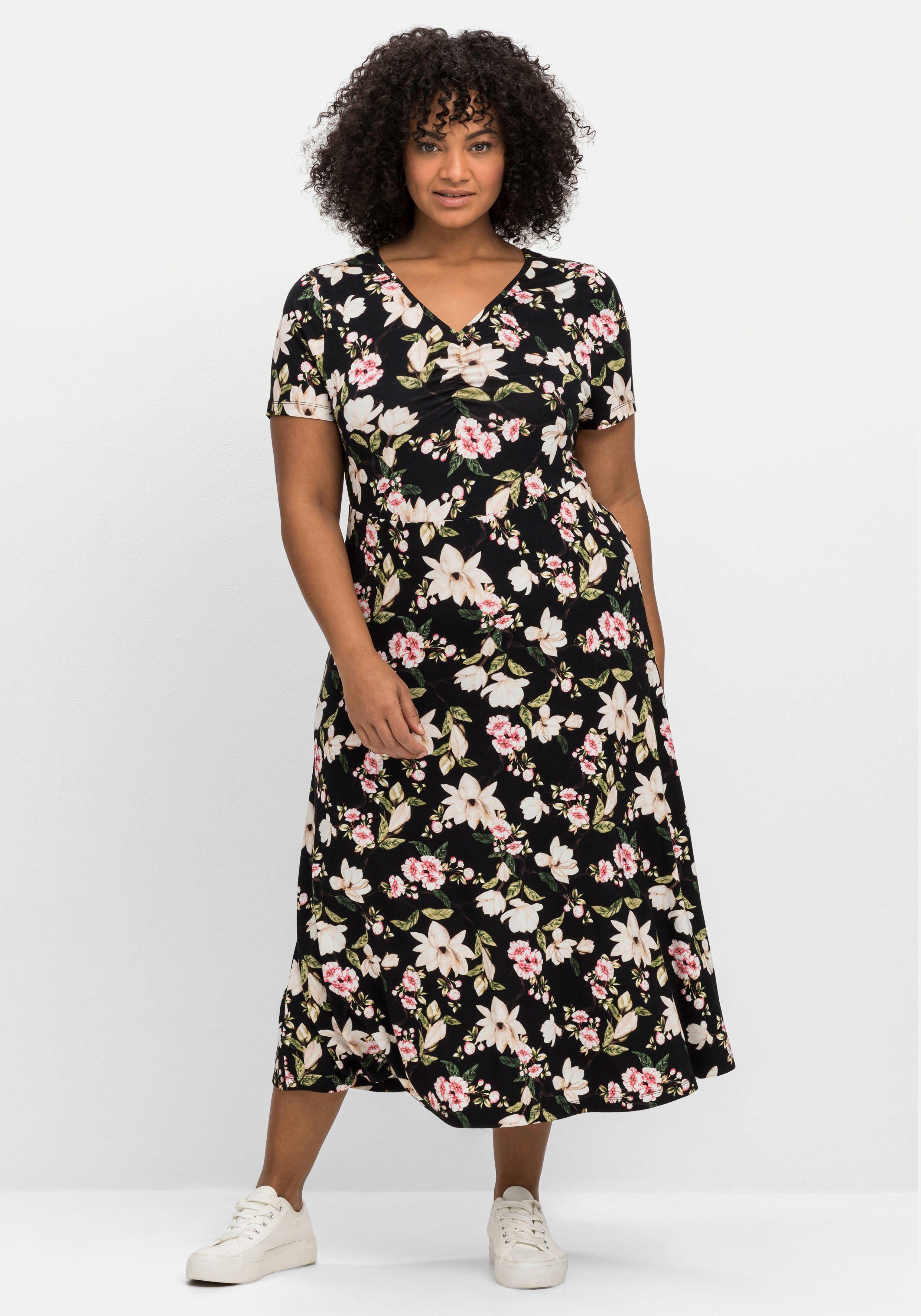 Jerseykleid in Midilänge, mit Blumendruck