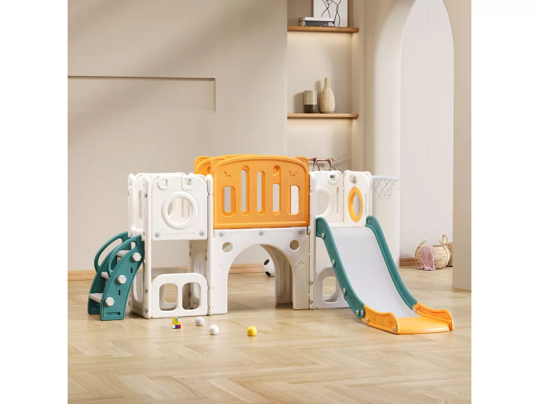 Toboggan 6 en 1 en PEHD pour enfant, avec plate-forme, escalier, 2 zondes de rangement, arcade, panier de basket, vert