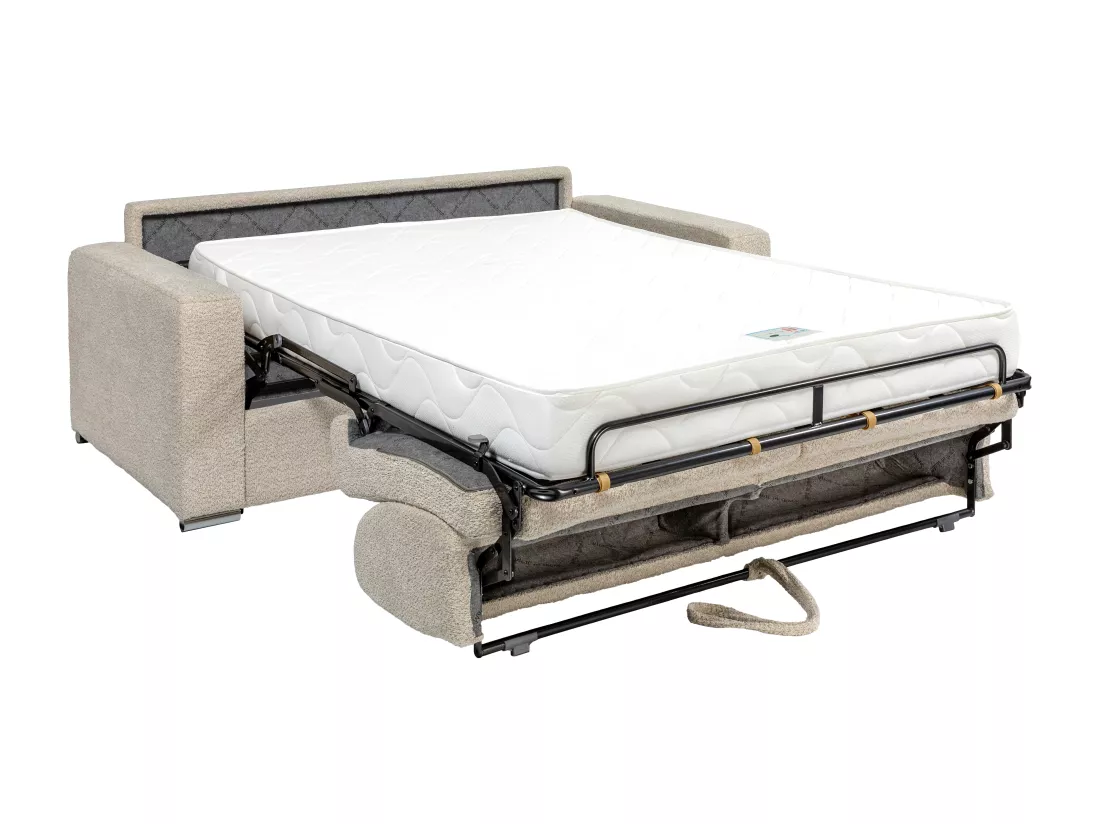 Canapé 4 places convertible express en tissu bouclette beige - Couchage lattes larges 160 cm - Matelas 18 cm CALITO