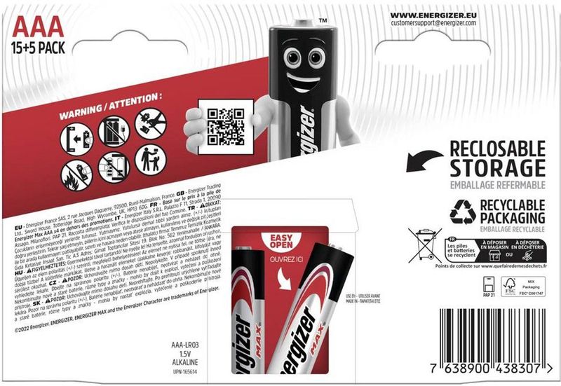 Energizer - MAX - Verpakking met 15 + 5 AAA-batterijen - Lange Levensduur - 10 Jaar