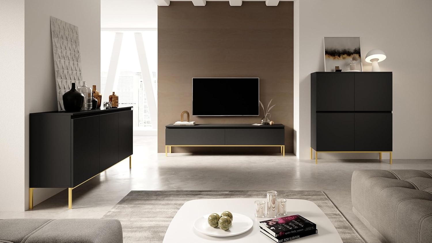 Selsey TV Schrank Board Sideboard Fernsehtisch Fernsehschrank Mit Schränken 150 cm Goldene Beine Schwarz Bemmi