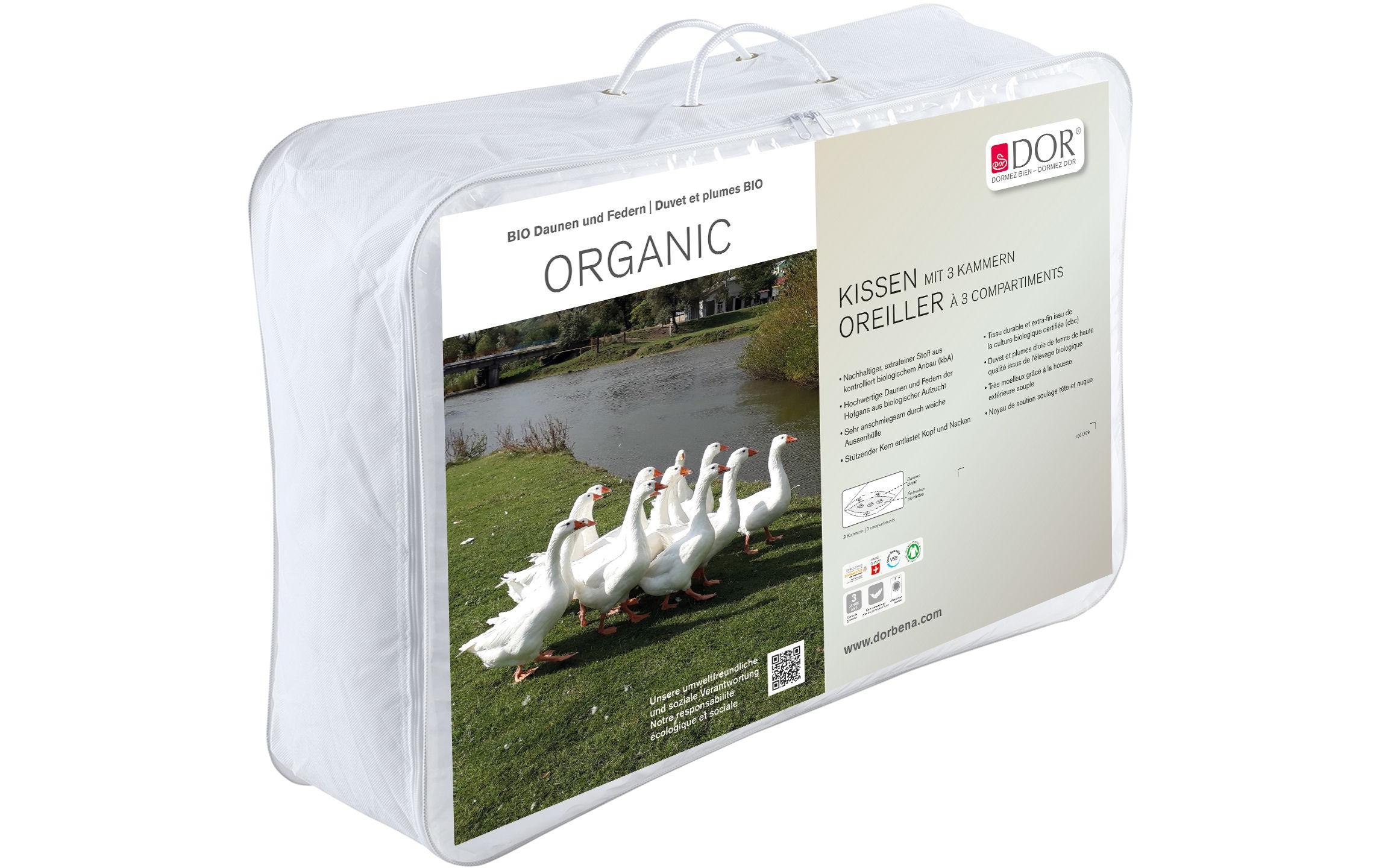 Klassisches Kopfkissen mit 3 Kammern Organic 65 x 65 cm<br>Daunen-Schlafkissen