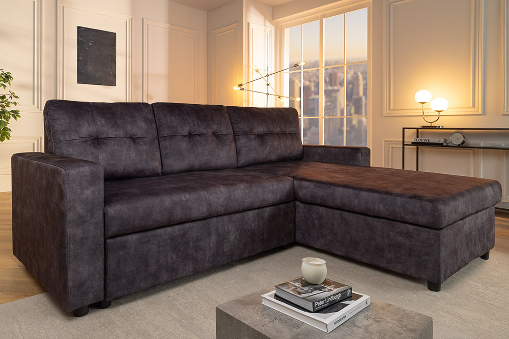 Schlafecksofa APARTMENT 205cm grau Samt 3-Sitzer inkl. Stauraum beidseitig aufbaubar
