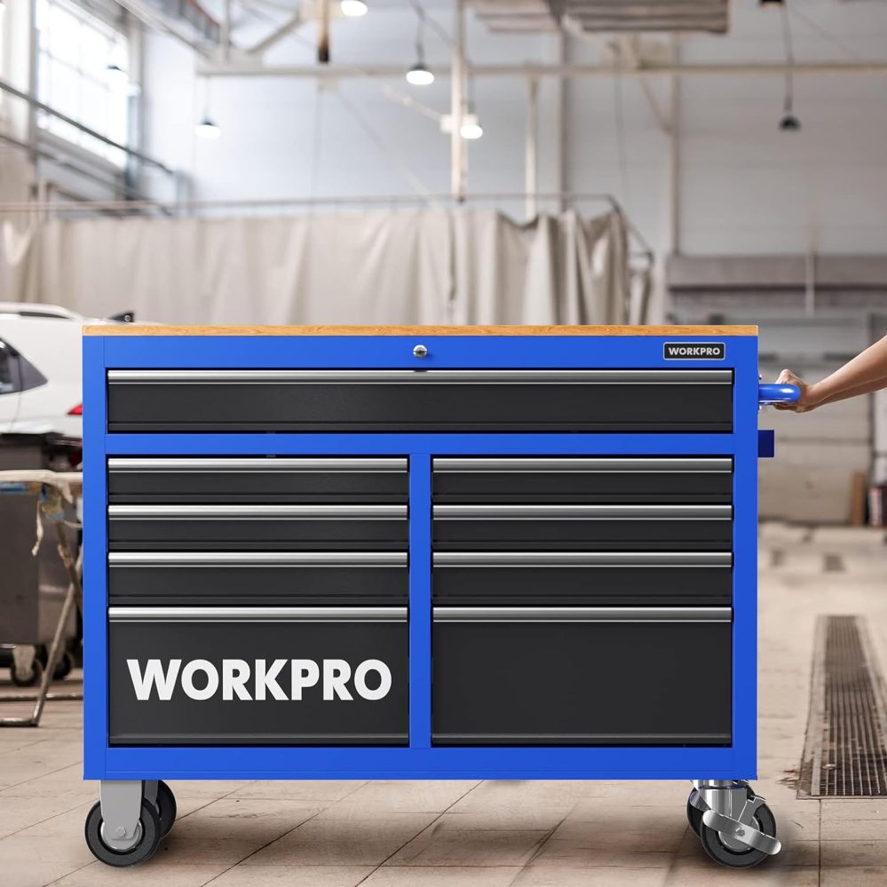 Armário de ferramentas móvel WORKPRO de 46 polegadas com 9 gavetas e rodízios, tampo de madeira, equipado com alça, forro para gavetas e sistema de travamento, capacidade de carga de 1200 libras.
