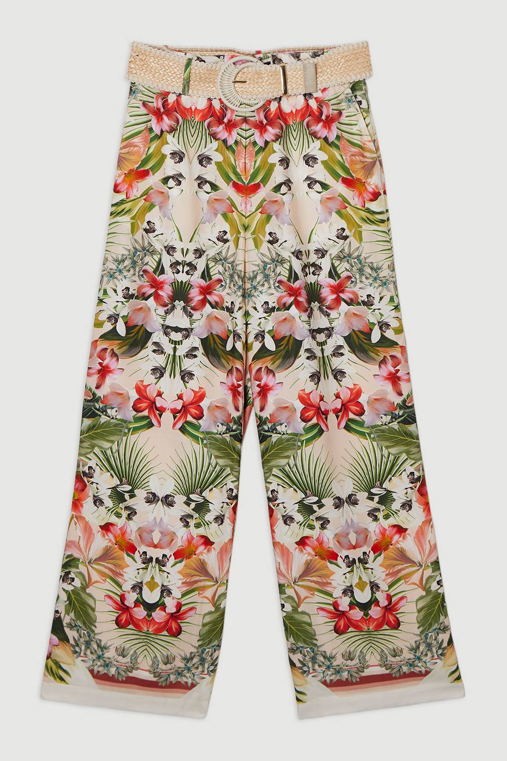 KarenMillen Pantalon tissé à imprimé floral en viscose et lin miroir avec ceinture en raphia