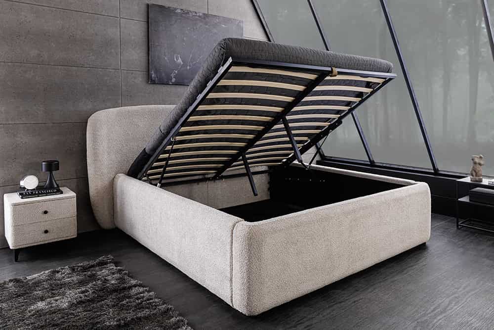 Modernes Boxbett ART DECO 180x200cm greige Bouclé mit Stauraum und Lattenrost