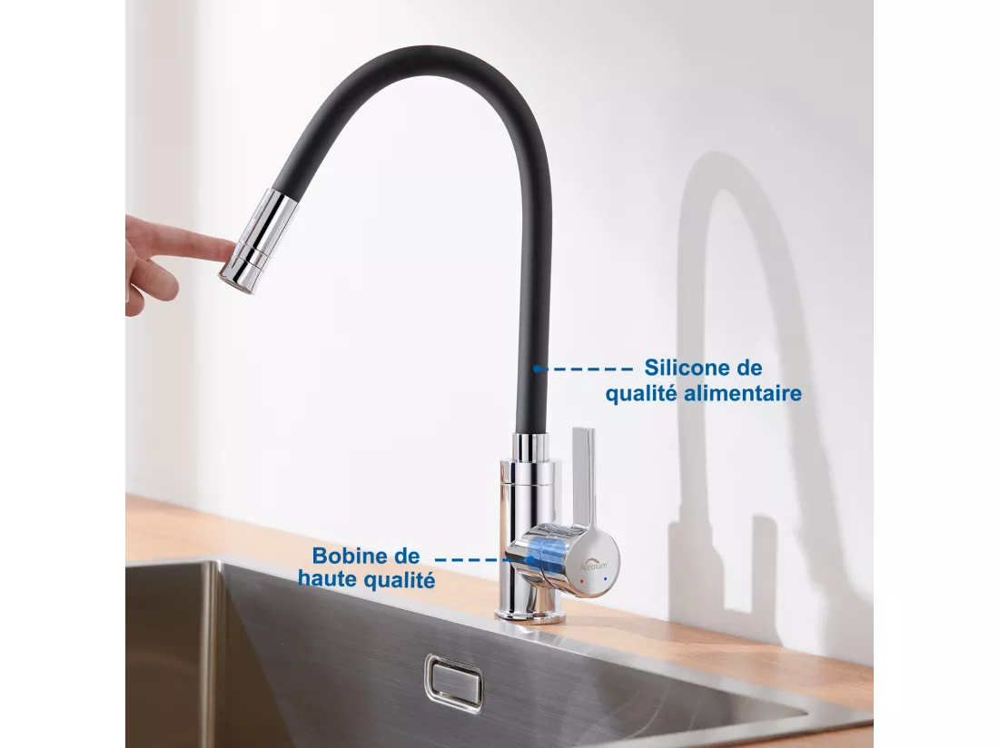 AURALUM MAX Robinet Cuisine Noir,Mitigeur Cuisine Flexible,2 Modes Pulvérisation,Rotatif 360°, Robinet Evier Cuisine Avec Perlator Economiseur D'Eau