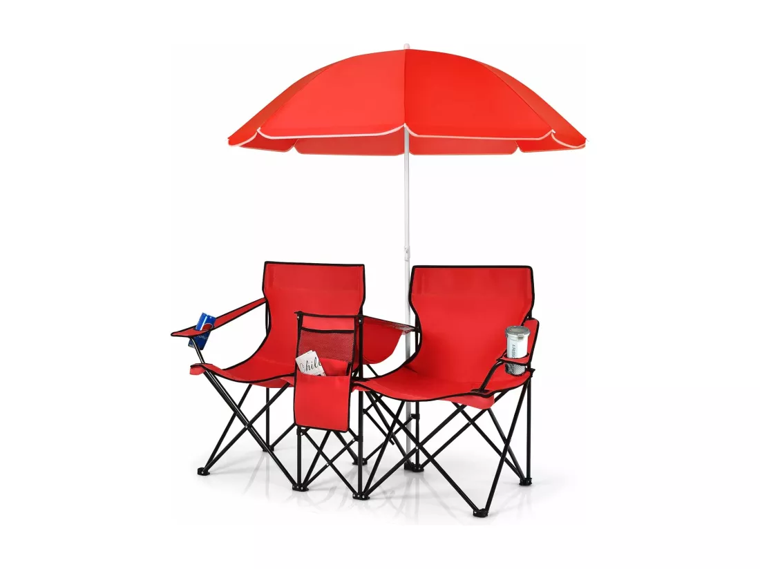 Chaise de CamBoisg Pliante, Chaise d'extérieur Portable avec Glacière et Parasol, Chaise de Plage à 2 Places avec Porte-gobelet et Sac de Transport, Charge120 KG, pour Randonnée, Pêche(Rouge)