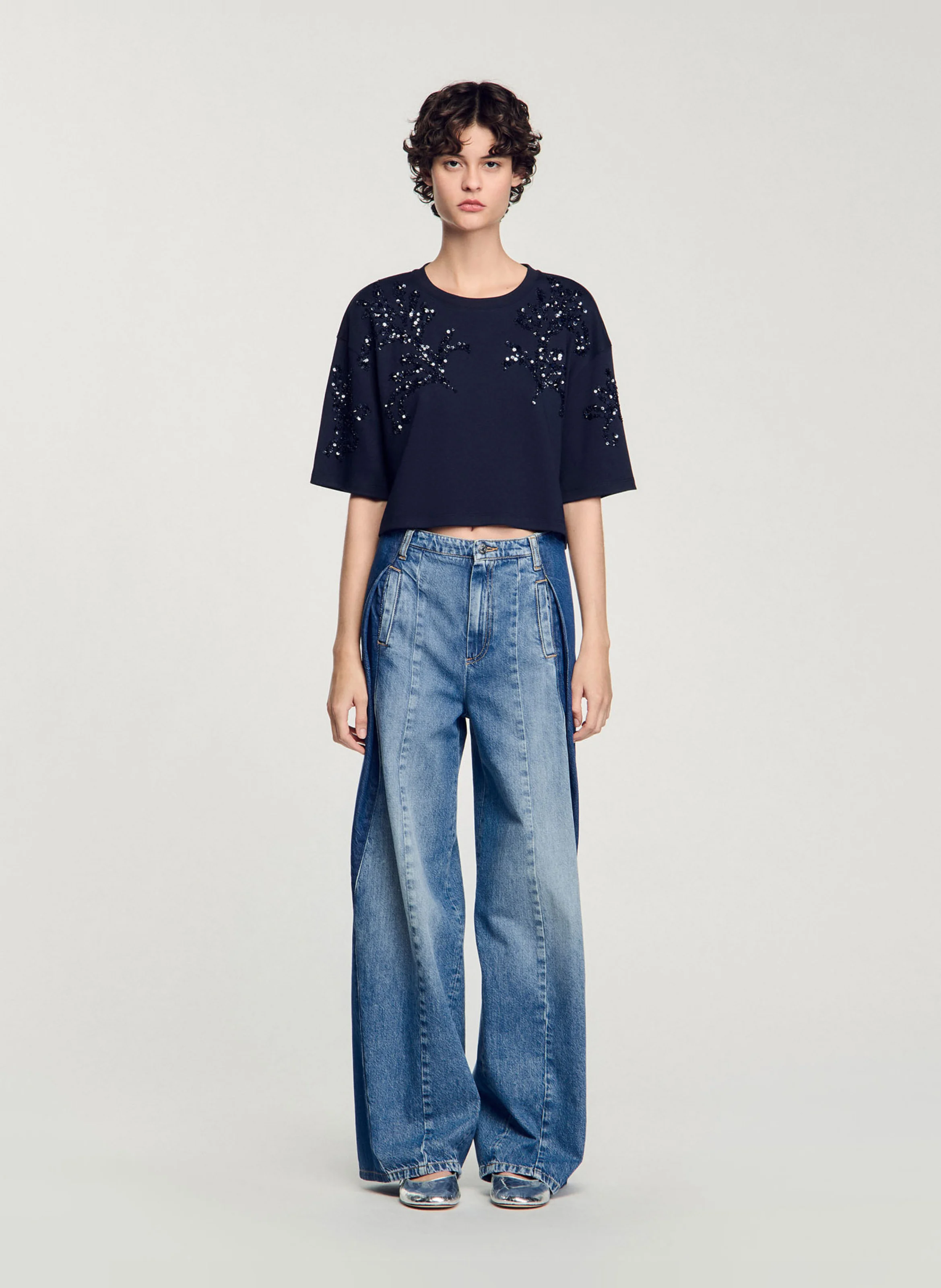 Tee-shirt perlés en coton mélangé | Bleu