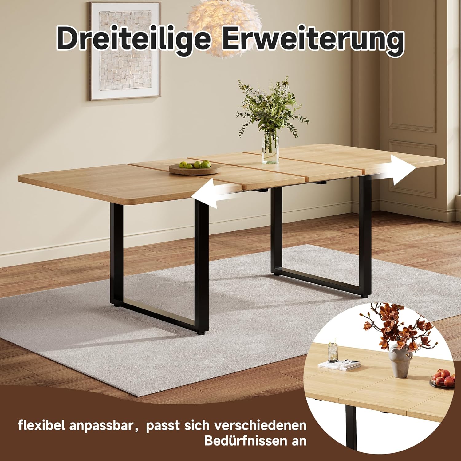 Merax Ausziehbarer Esstisch 140/180/220×80 cm, rechteckiger Tisch für 6–10 Personen, Metallbeine, 3-stufig verlängerbar, stabil, modernes Esszimmer- und Küchendesign, Holzfarbe