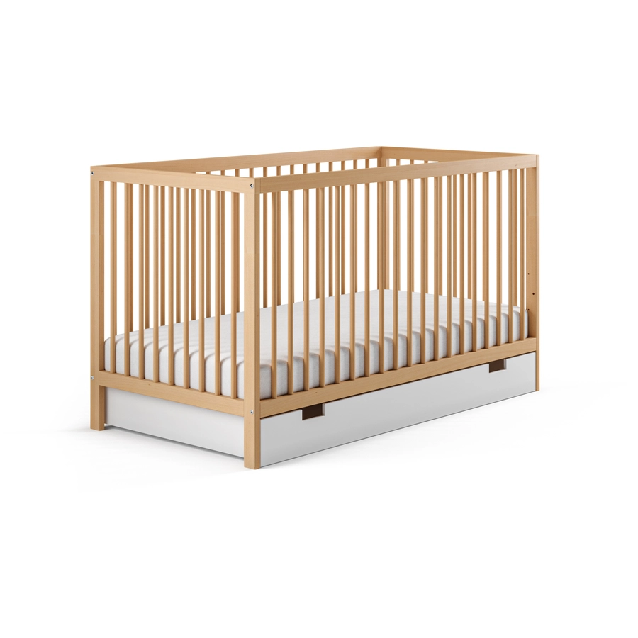 Kids Collective Babybett Gitterbett 60x120 | 70x140 höhenverstellbar & herausnehmbare Sprossen natur mit Schubl. und Matratze