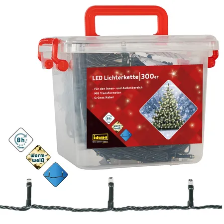 Idena 300er LED Lichterkette, warmweiß, für innen/außen, Timer