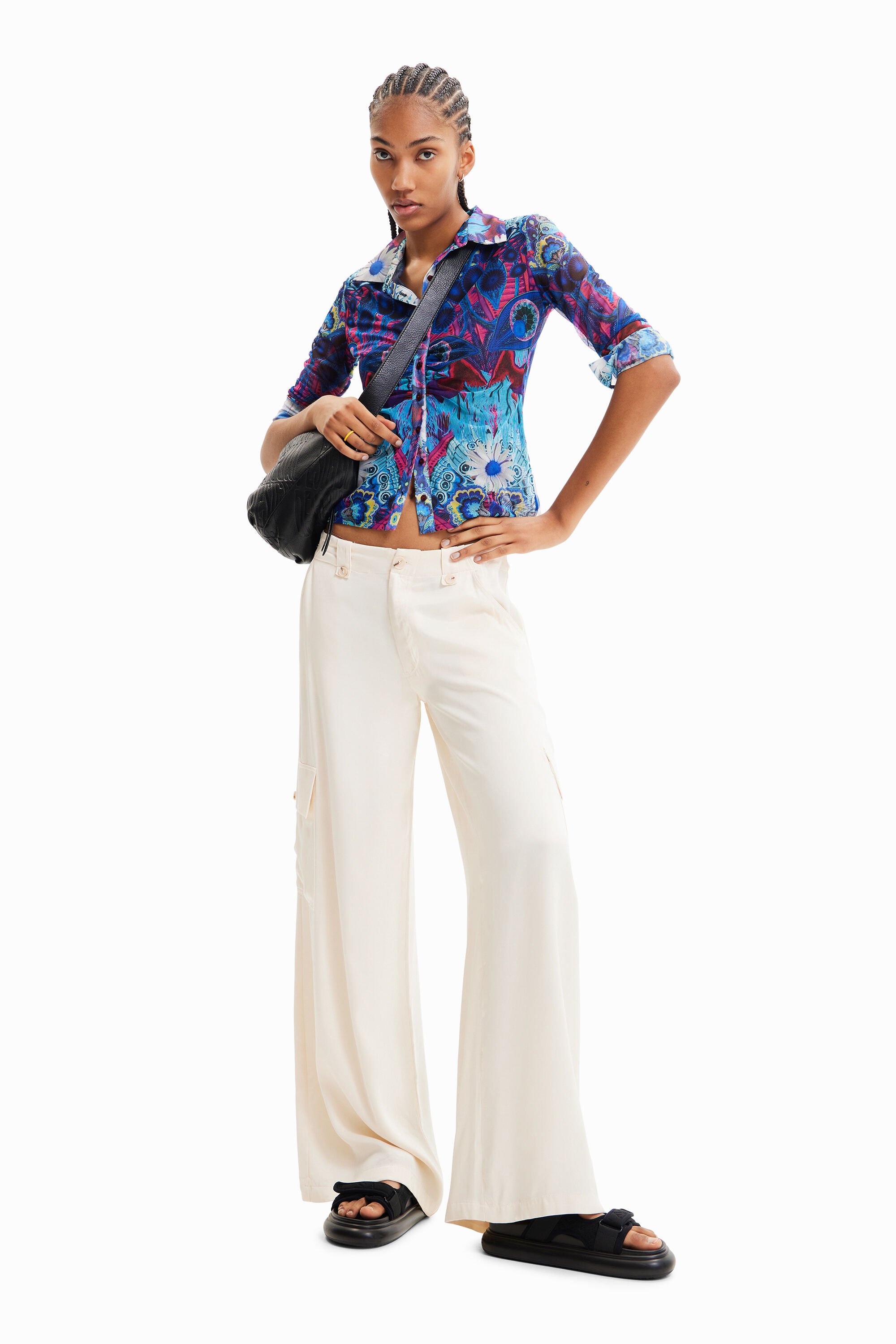 Pantalon cargo wide leg satiné