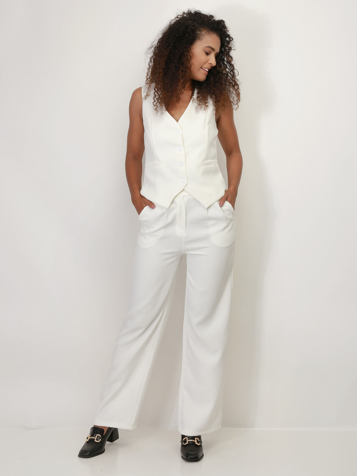 Pantalon de costume large à plis- Blanc