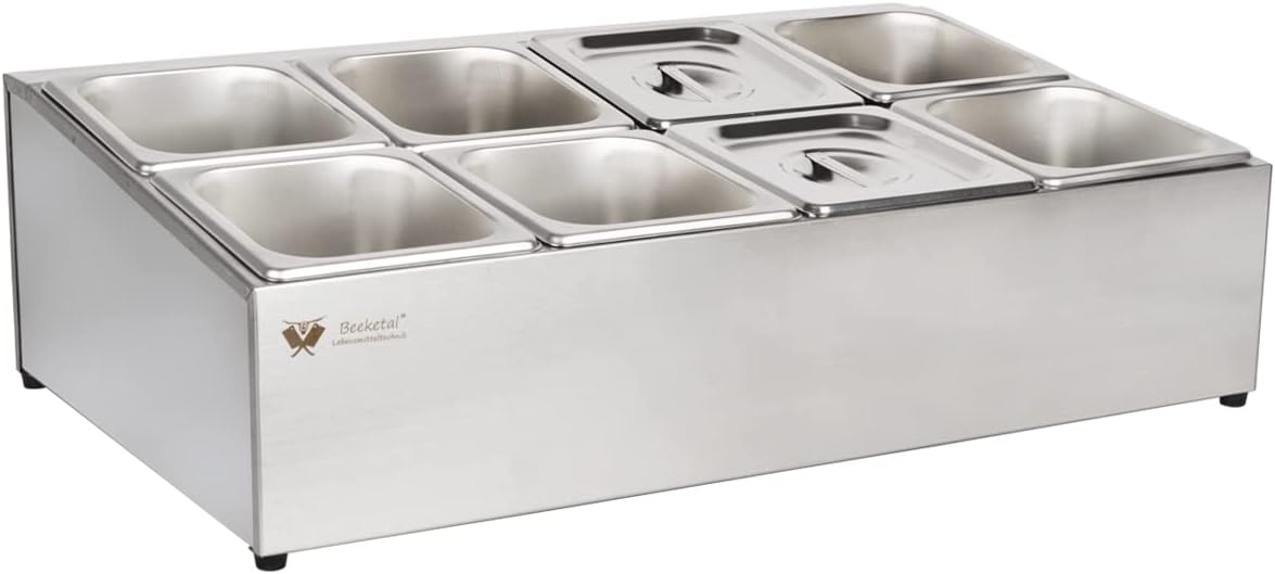 Beeketal 'BGN8-Duo' Edelstahl GN Aufsatzboard für 8 Gastronorm Behälter (zweireihig), Gastro Zutatenbehälter inkl. 8 Stück (GN) 1/6 Behälter mit Deckel, abgeschrägtes Gestell mit Anti-Rutsch Füßen
