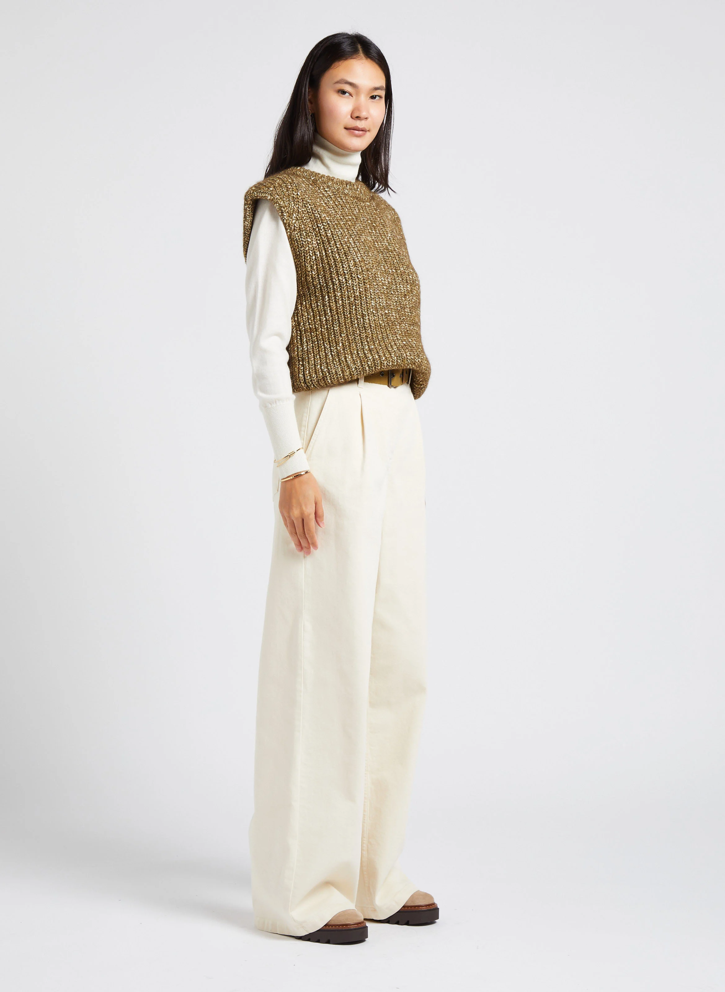 KENDRA - Pull col rond en coton et en laine mélangés | Kaki