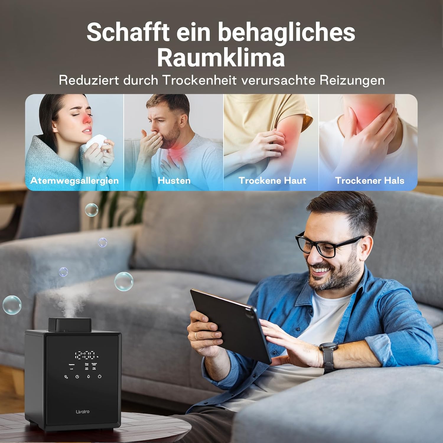 Luftbefeuchter Schlafzimmer Top-Fill, 3L Edelstahl Warmnebel Luftbefeuchter, Reduziert 99,97% der Bakterien, Für Schlafzimmer und Wohnzimmer, Spülmaschinenfest Humidifier,mit Schlafmodus