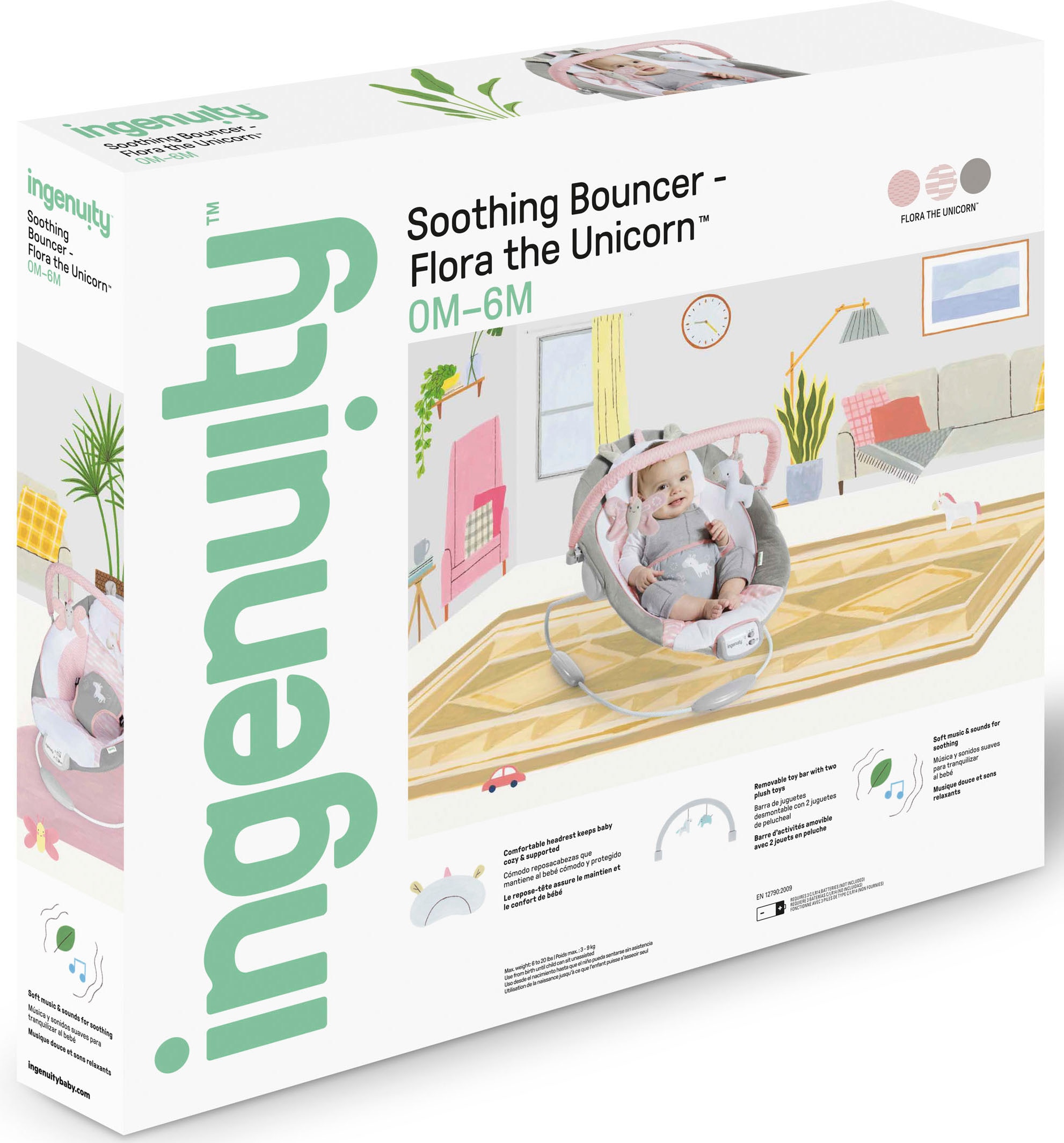 ingenuity Babywippe »Soothing Bouncer, Flora the Unicorn« bis 9 kg mit Vibration und Melodien