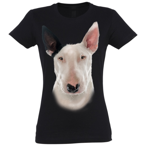 Camiseta feminina com estampa de Bull Terrier, preta.