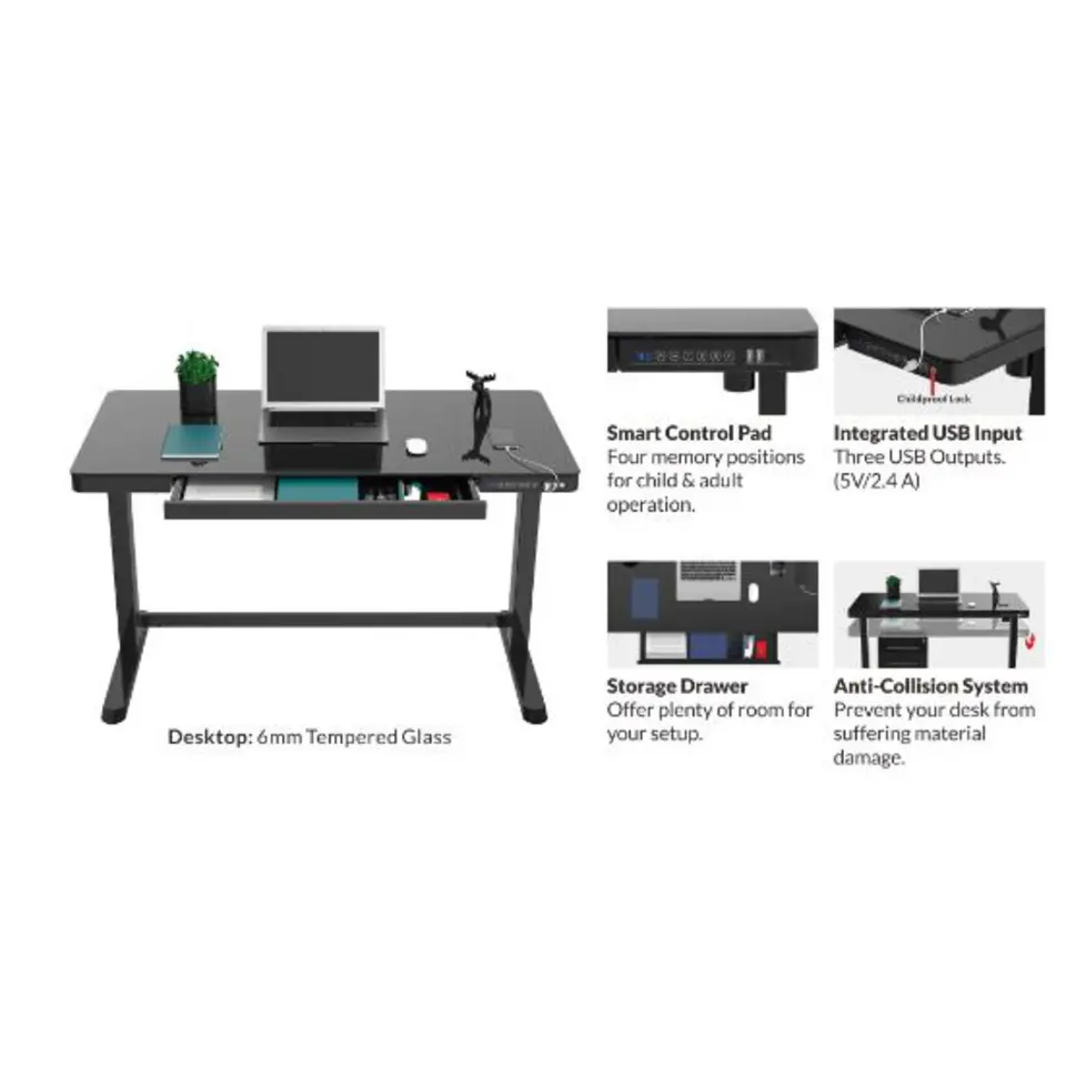 Elektrisch verstelbaar bureau / thuiswerkplek - 120x60 cm - Glas zwart