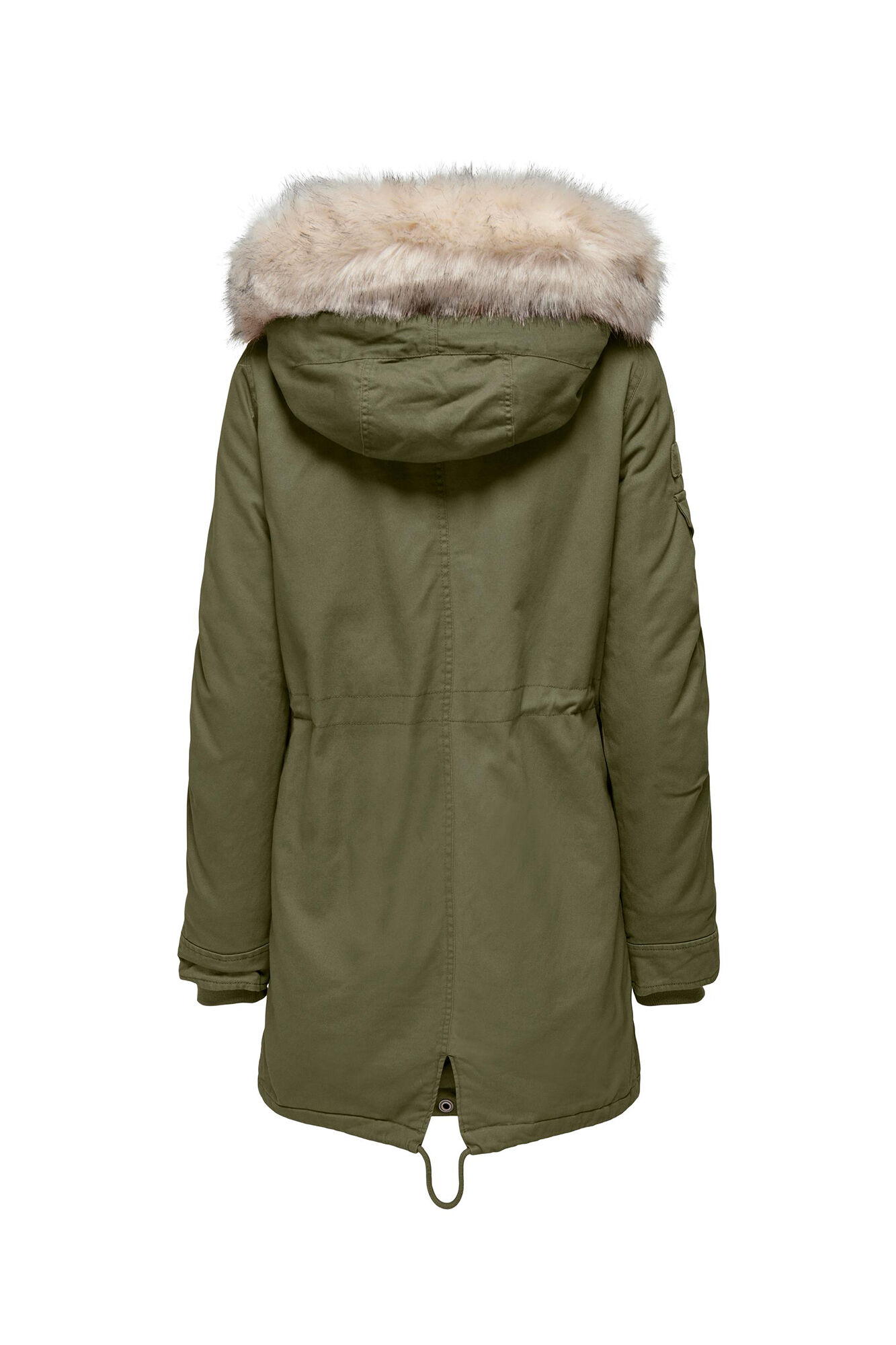 Parka com capuz e detalhes em pele.