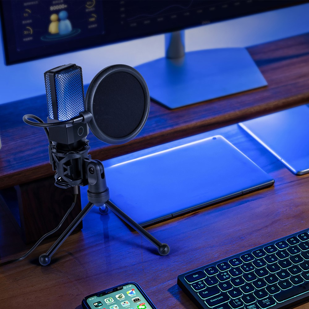 Studio Kondensator USB / USB-C Mikrofon für Gaming / Streaming mit Pop Filter / ANC / Dreibein Stativ und RGB LED - Schwarz