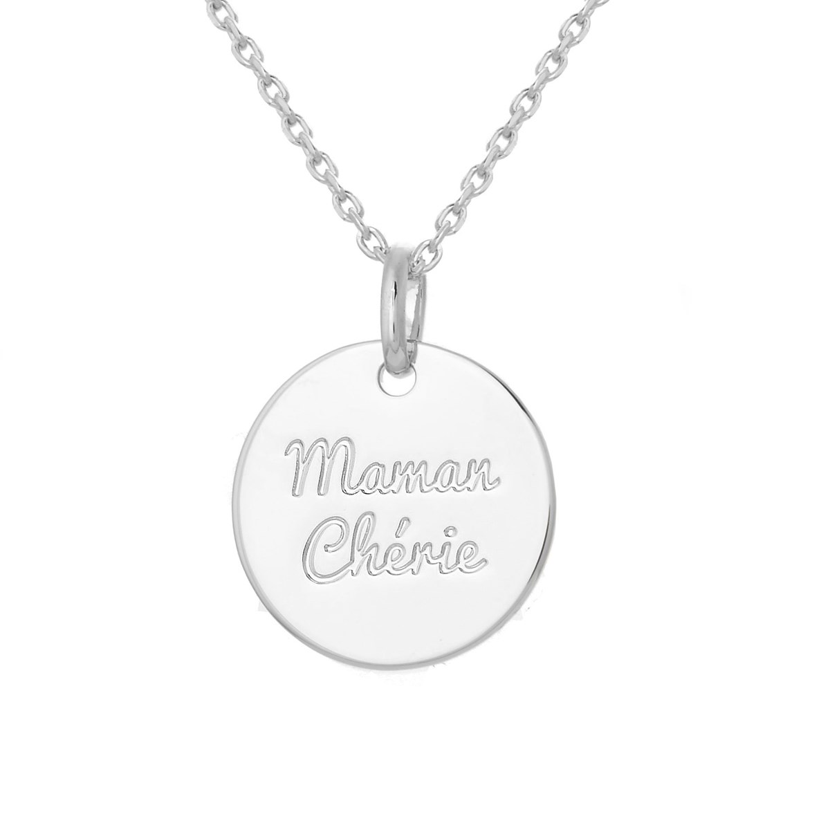Collier médaille gravée Maman Chérie Argent 925 Rhodié
