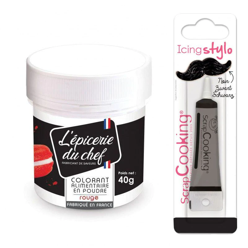 Colorant alimentaire en poudre rouge 40 g + Stylo glaçage noir Scrapco