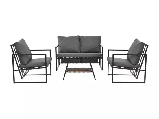 Salon de jardin 4 places - canapé, 2 fauteuils et 1 table basse avec étagère - tube en acier galvanisé et sangles en PVC - coussins amovible et lavable - Noir