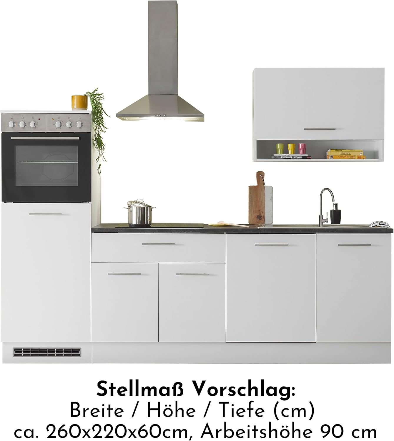 EDDY Moderne Küchenzeile ohne Elektrogeräte in Weiß matt, Metallic Grau - Geräumige Einbauküche mit viel Stauraum - 260 x 220 x 60 cm (B/H/T)