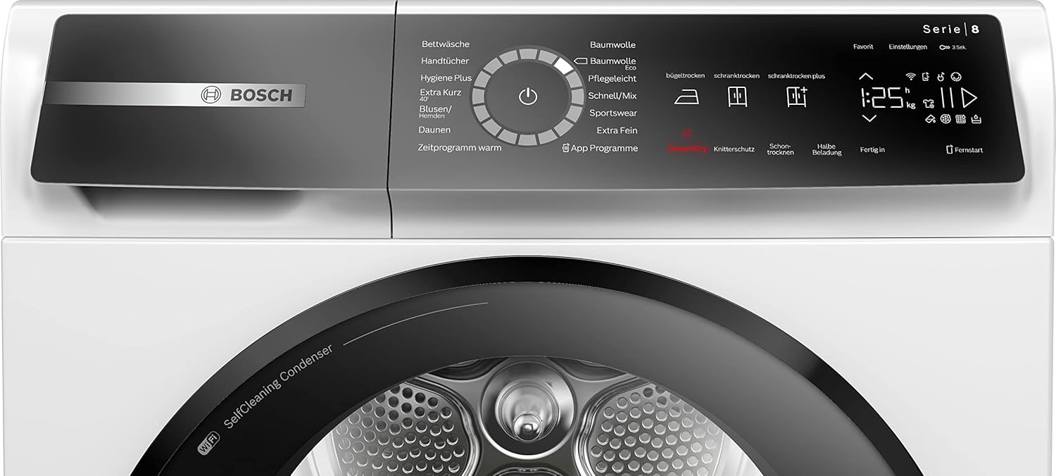 Bosch WQB235B40 Wäschetrockner Serie 8, Wärmepumpentrockner mit 8kg Fassungsvermögen, AutoDry, SmartDry, Home Connect, AntiVibration Design, Sensitive Drying System, Weiß, 60cm
