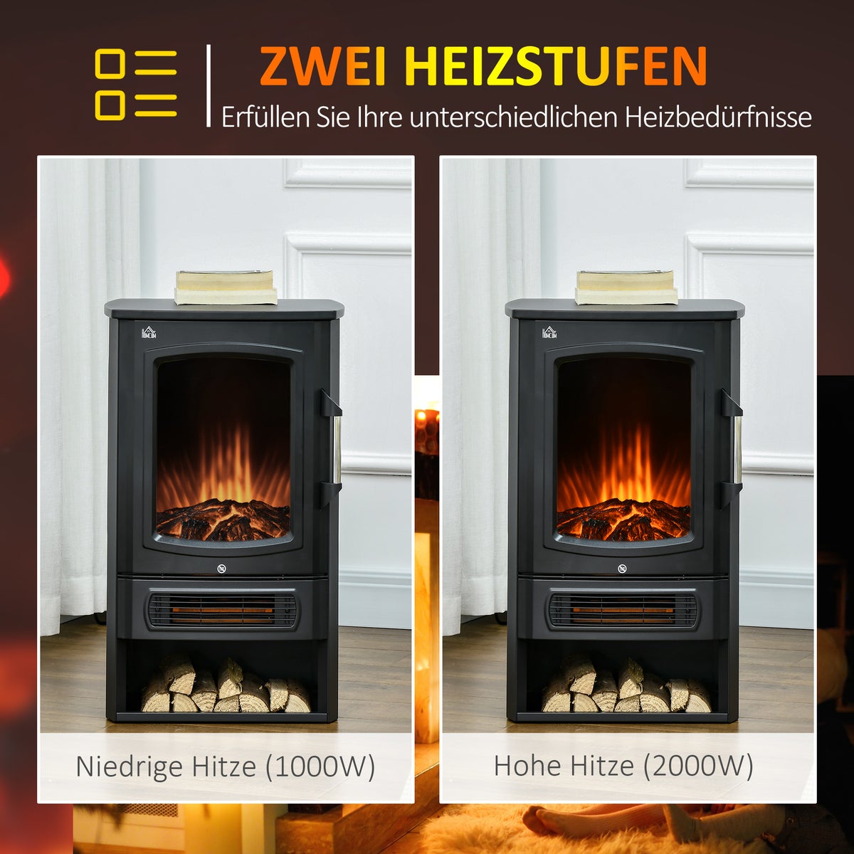 HOMCOM LED elektrische haard met vlameffect, 1000/2000W, 2 warmtestanden, 44,5 x 32 x 74 cm, staal, zwart