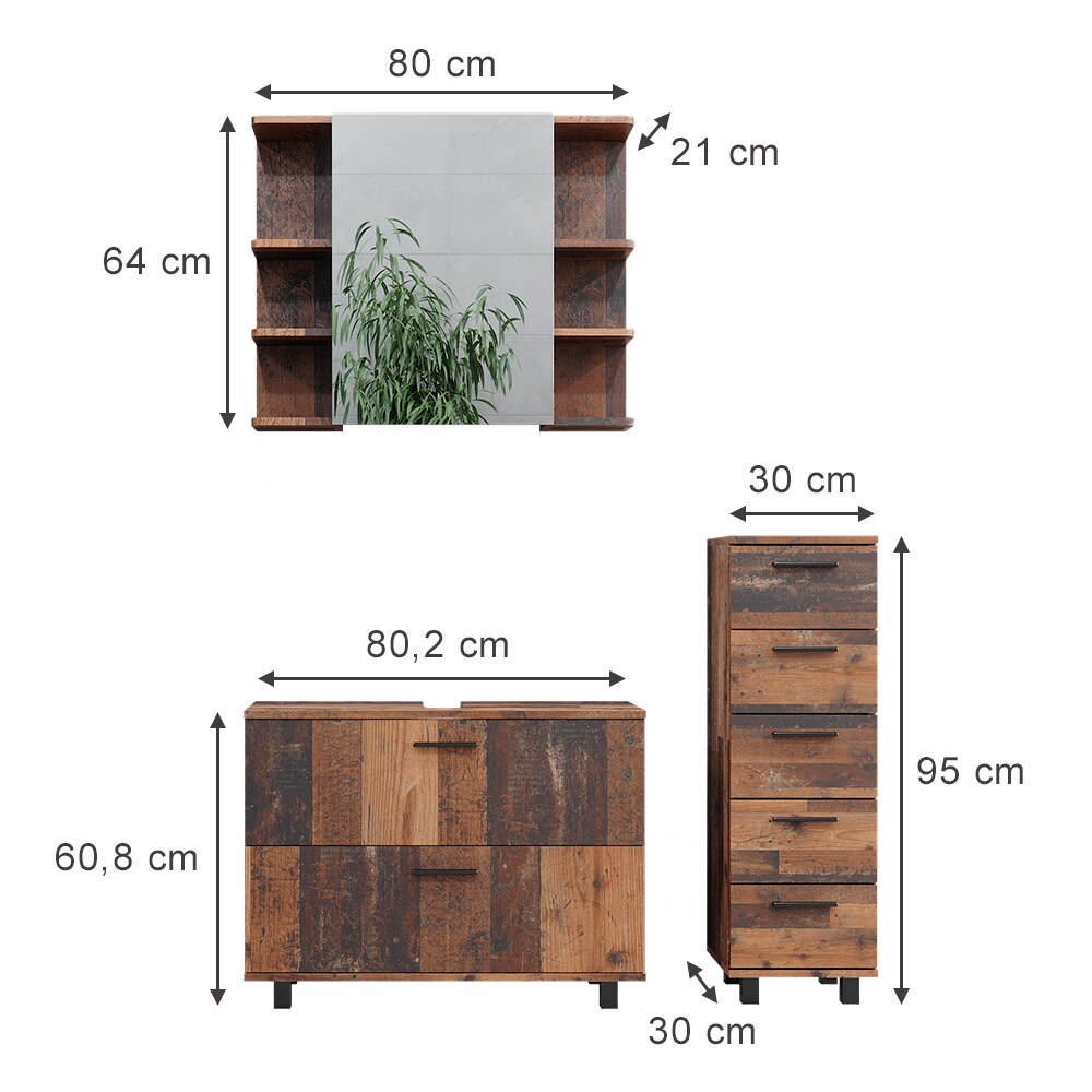 Vicco Badmöbelset Ilias Old Style modern Badezimmerschrank Badschrank Badezimmermöbel Waschtischunterschrank Waschbeckenunterschrank Spiegelschrank Midischrank Schranktür Schrankfach Schrankschublade