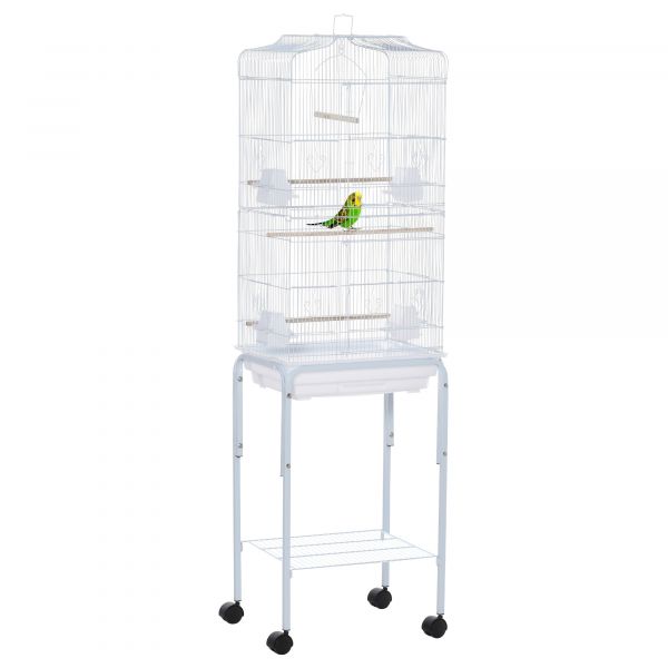 Pawhut Gaiola Passáros com Suporte com 4 Rodas Portas 4 Comedouros 3 Poleiros e Bandeja Removível 46,5x36x157cm Branco