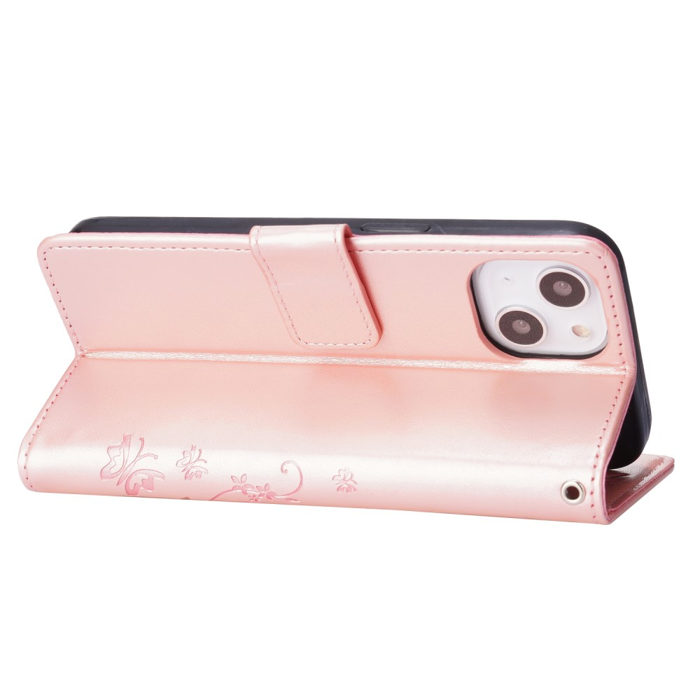 iPhone 13 Leder Tasche mit Kartenfach   Handschlaufe Butterfly Flowers - Rosa