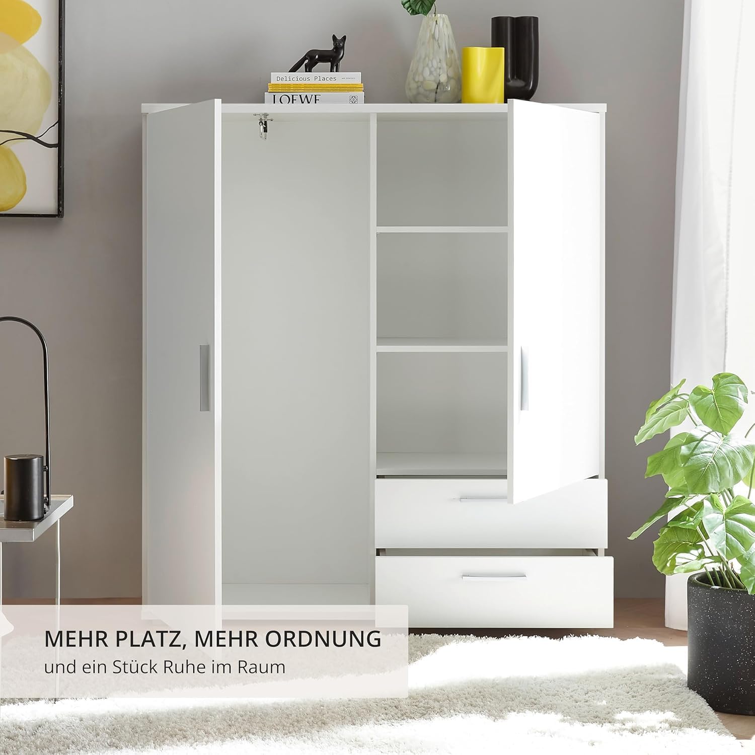 Stella Trading Adeline Kommode – Elegante Schlafzimmer-Kommode mit 2 Türen & 2 Schubkästen in Weiß – stilvolles & funktionales Möbel mit Teleskop-Kleiderstange – 120 x 140 x 38 cm (B/H/T)
