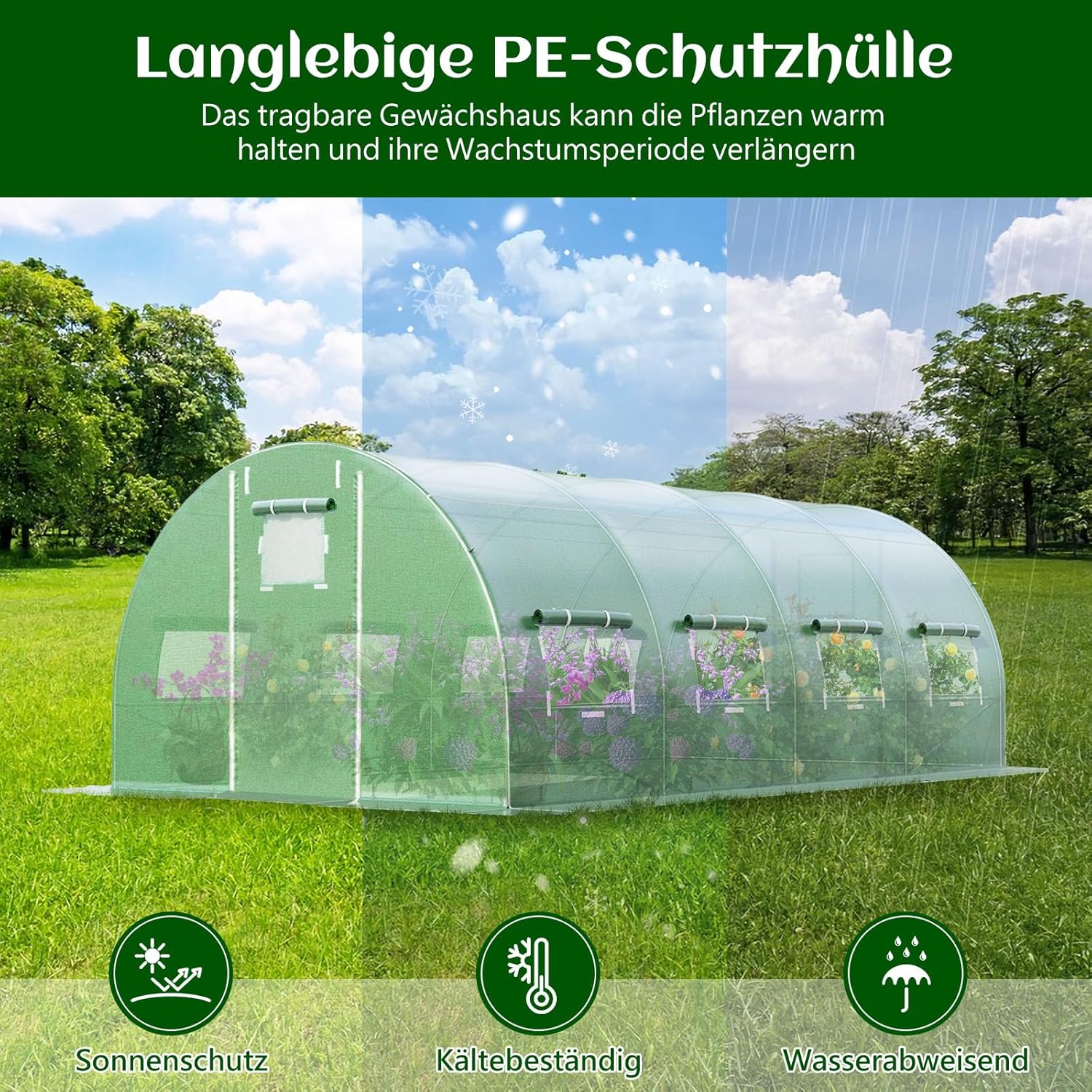GOPLUS 6x3x2m Gewächshaus mit Metallrahmen, 18m² Gartengewächshäuser mit 8 Fenstern & 2 Türen, Foliengewächshaus für Bauernhof, Hinterhof & Garten (6x3x2m)