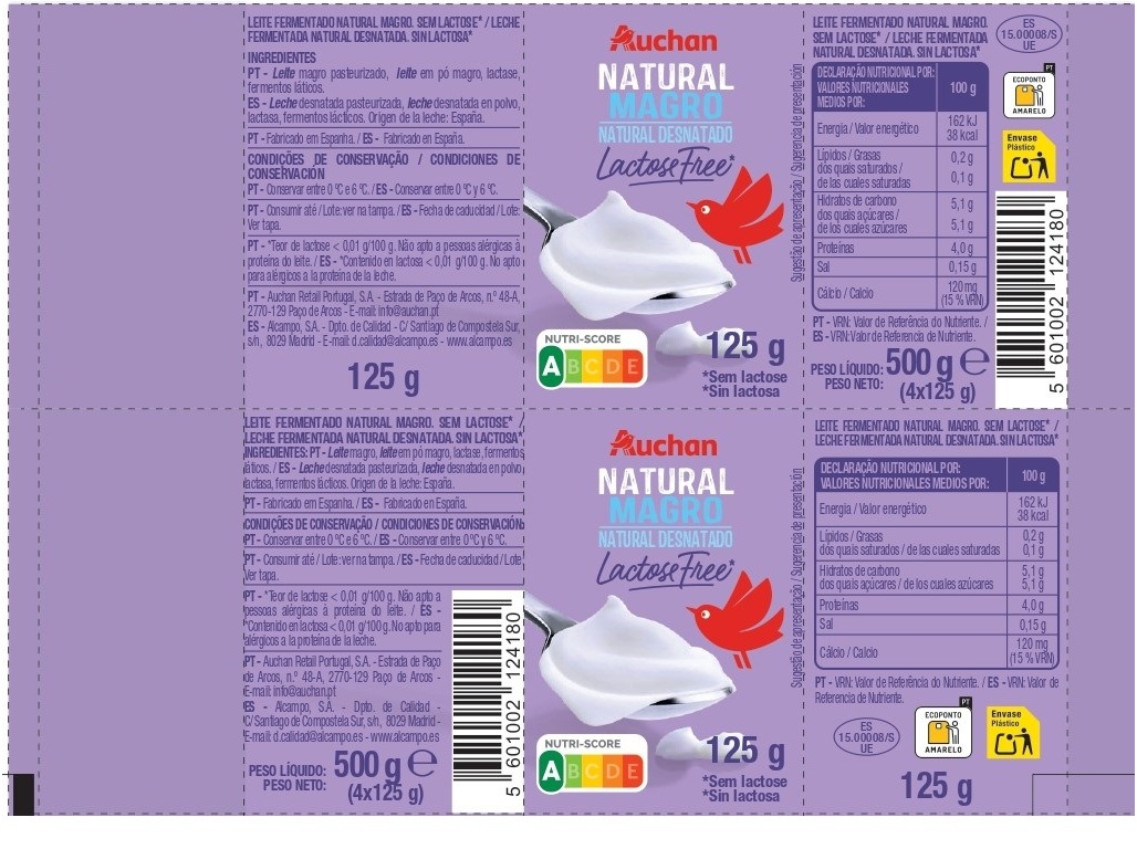 IOGURTE NATURAL MAGRO AUCHAN SEM LACTOSE 4X125G