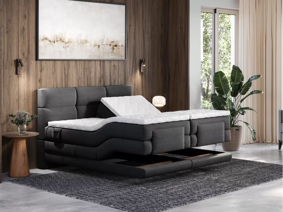 Ensemble complet boxspring tête de lit capitonnée + sommiers relaxation électrique + matelas + surmatelas - 2 x 80 x 200 cm - Tissu - Anthracite - LODI de PALACIO