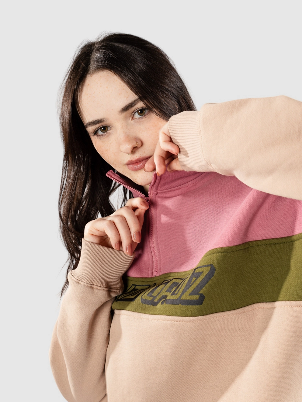 Santa Cruz BT Classic Strip Quarter Crew Half-Zip dusty rose/sea kelp/taupe