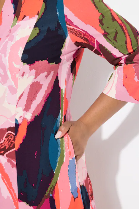 Midikleid, Punto di Roma, Kelchkragen, 3/4-Arm, rot pink