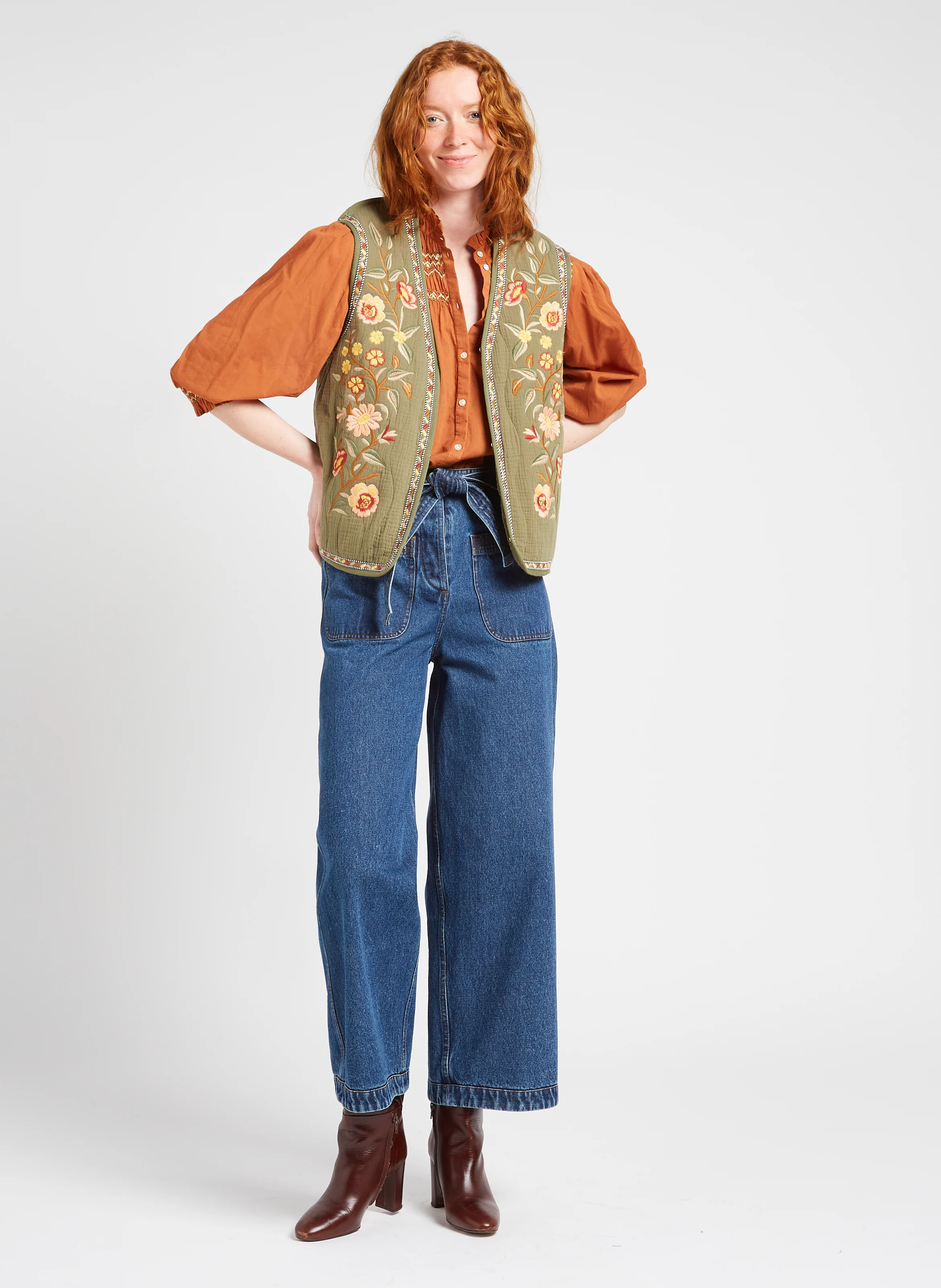 LOUISA - Blouse ample brodée en coton bio | Marron