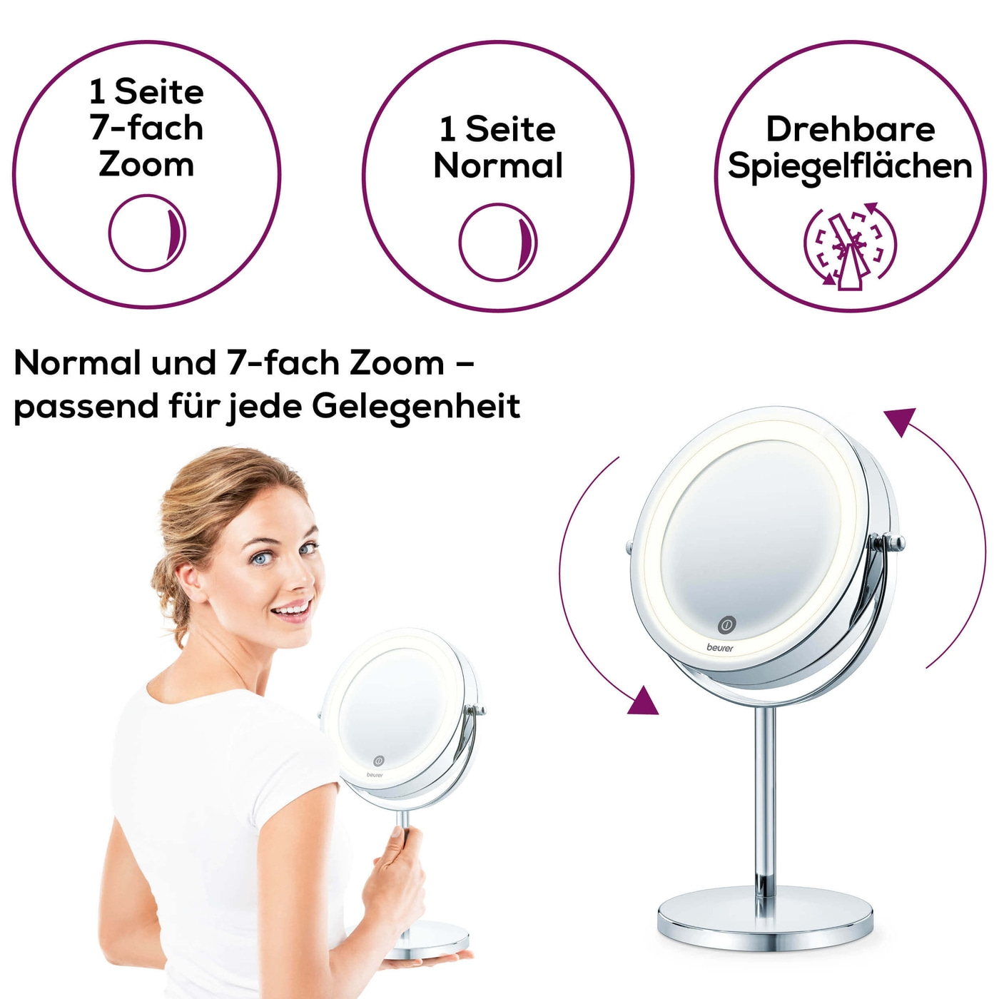 BS 55 Beleuchteter Kosmetikspiegel LED Standspiegel Doppelseitig Batteriebetrieben (65486) - Weiss / Silber