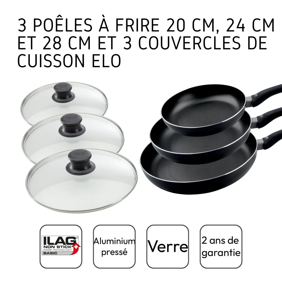 Ensemble de 3 poêles à frire et 3 couvercles en verre 20 cm 24 cm et 2