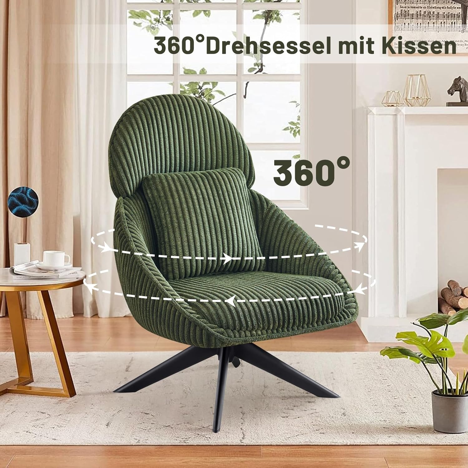 Loungesessel Sessel Wohnzimmer 360°Drehbar, Ohrensessel Armlehnstuhl Polsterstuhl mit dickem Abnehmbares Wurfkissen, Relaxsessel Lesesessel für Wohnzimmer Schlafzimmer Büro, Grün