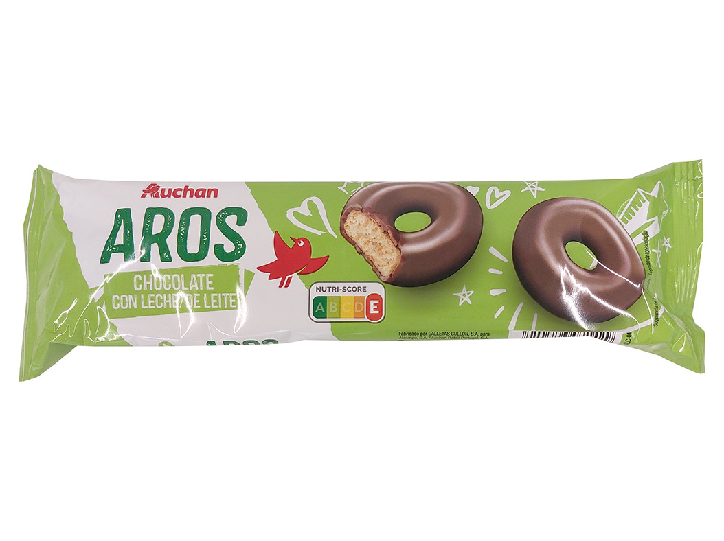 BOLACHA AROS AUCHAN COBERTAS COM CHOCOLATE DE LEITE 128G