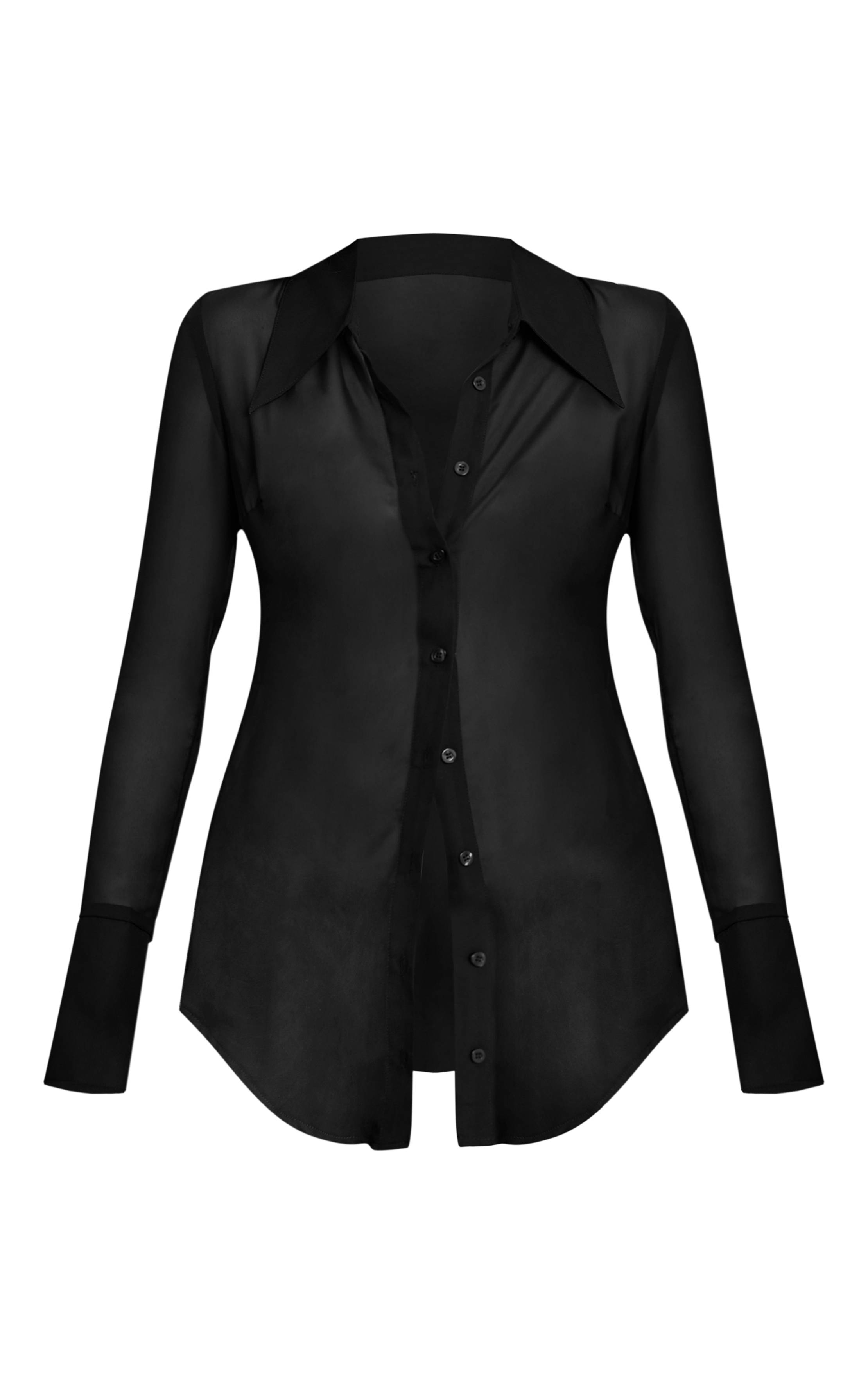 Noir Chemise Ajustée En Mousseline À Col Surdimensionné Et Boutonnage