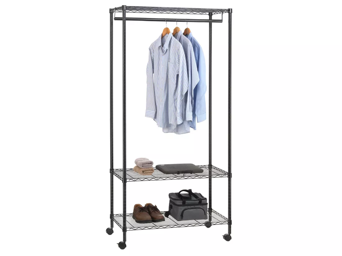 Portant à vêtements BRINDISI penderie simple sur roulettes vestiaire mobile avec 1 barre et 2 tablettes, en métal noir