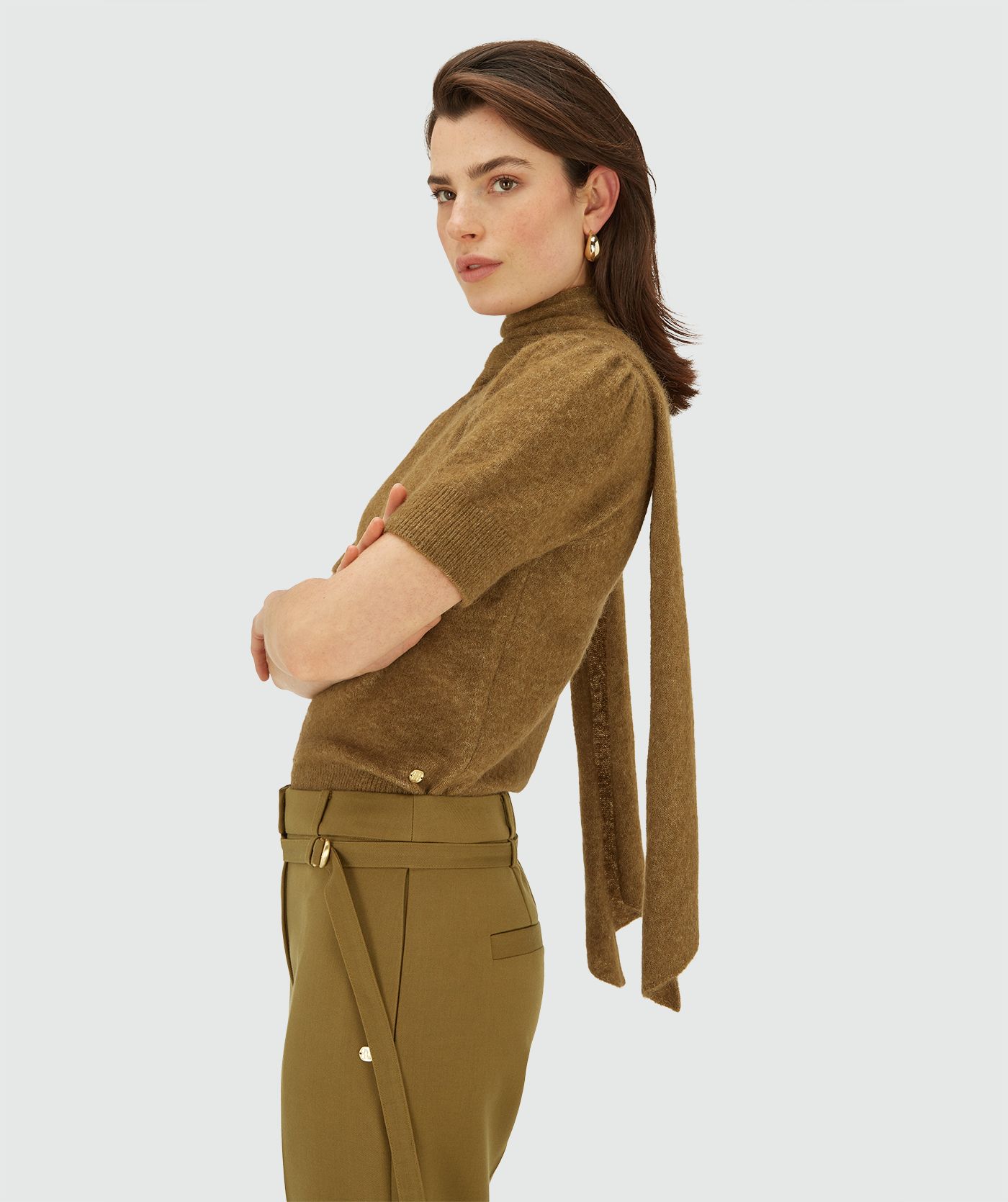 JV-BEATRICE fitted top met merinowol - olive green melange